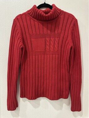 Vtg Tommy Hilfiger Red Cable Knit Turtleneck Sweater Ribbed Y2K Preppy Thick XL